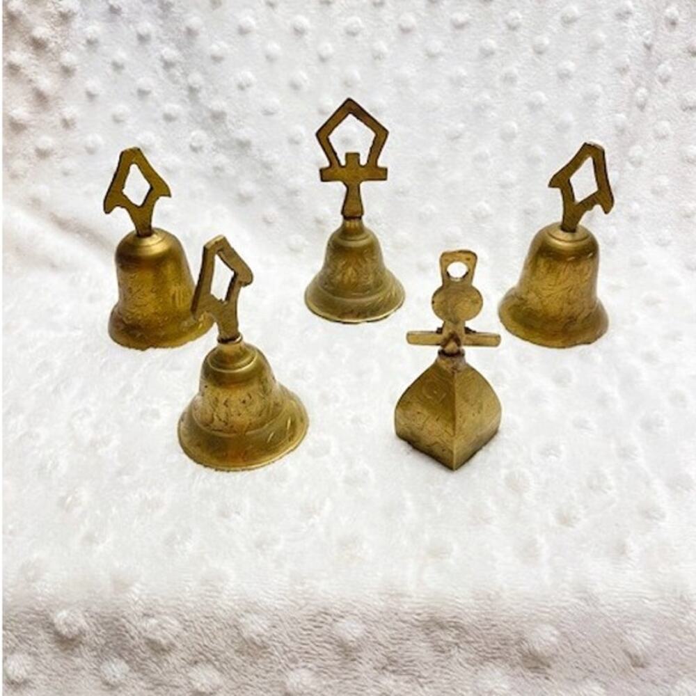 Antique Lot of (5) Mixed India Etched Solid Brass Bells w/Clappers (Late 1800s)